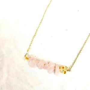 14K Gold Plated Pink Quartz Chips Bar Millefiori Dainty Necklace